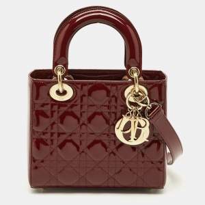 مملوكة مسبقًا حقيبة يد ديور "ليدي ديور" صغيرة جلد لامع كاناج أحمر داكن