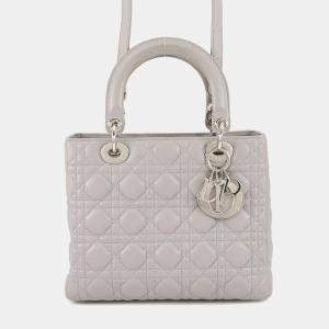 Pre Owned Dior Lady Dior Canage Gray Leather Size Medium