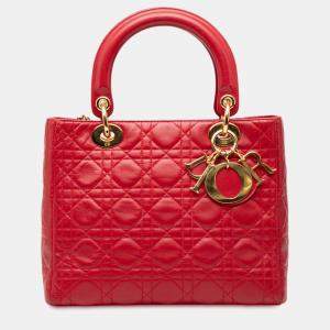 Pre Owned Dior Red Medium Lambskin Cannage Lady Dior