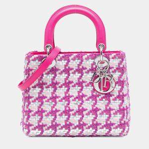 Pre Owned Dior Pink Silver Medium Lambskin And Tweed Lady Dior