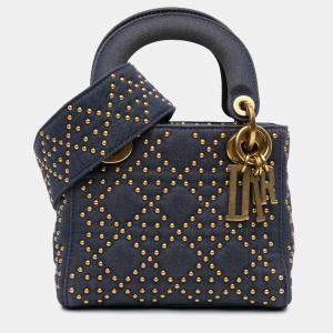 Pre Owned Dior Blue Mini Denim Cannage Studded Supple Lady Dior