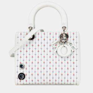Pre Owned Dior White Medium Calfskin Embroidered Flower Lady Dior