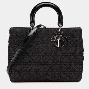 Pre Owned Dior Black Large Denim Cannage Lady Dior