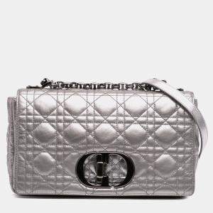 مملوكة مسبقًا Dior Silver Medium Metallic Calfskin Cannage Supple Caro Bag