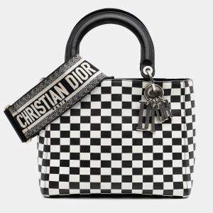 مملوكة مسبقًا Dior Black White Medium Calfskin Checkered Lady Dior