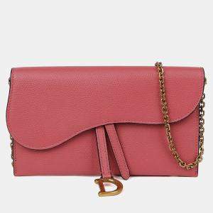 Pre Owned Dior Saddle Pink Leather Wallet On Chain