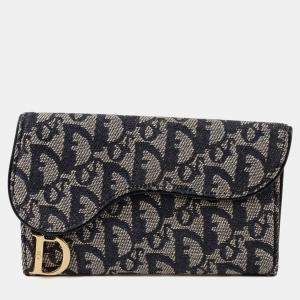 Pre Owned Dior Vintage Oblique Blue Canvas Saddle Wallet