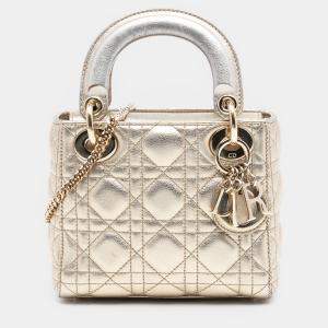 Pre Owned Dior Gold Mini Metallic Lambskin Cannage Lady Dior