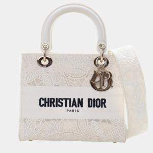 Pre Owned Christian Dior Lady D-Lite Medium White Embroidered Canvas Handbag