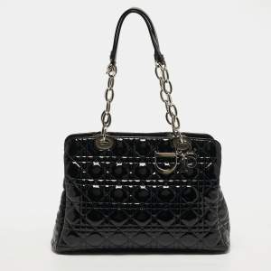 Pre Owned Dior Soft Lady Dior Medium Cannage Black Patent Leather Shopper Tote