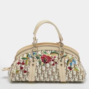 مملوكة مسبقًا Dior Trotter Ivory/Beige Diorissimo Canvas and Leather Floral Embroidered Satchel