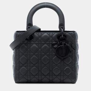 Pre Owned Dior Black Medium Ultra Matte Calfskin Cannage Lady Dior