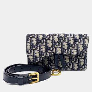 مملوكة مسبقًا Dior Beige/Navy Blue Canvas Oblique Saddle Belt Bag