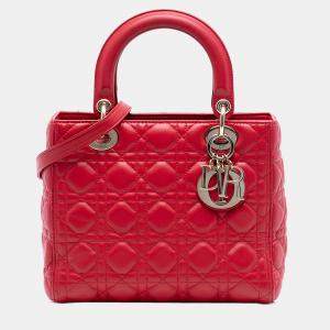 Pre Owned Dior Red Medium Lambskin Cannage Lady Dior