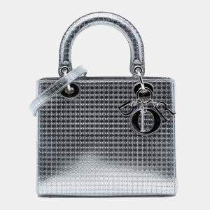 مملوكة مسبقًا Dior Silver Medium Metallic Patent Microcannage Lady Dior