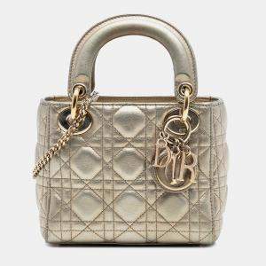 Pre Owned Dior Gold Mini Metallic Lambskin Cannage Lady Dior