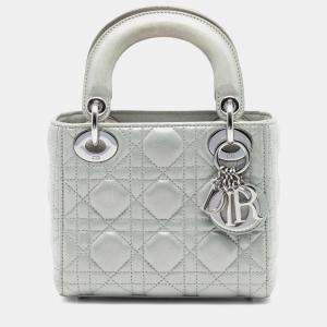 Pre Owned Dior Silver Mini Iridescent Lambskin Cannage Lady Dior