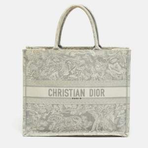 Pre Owned Dior Toile De Jouy Grey/White Large Embroidered Canvas Book Tote