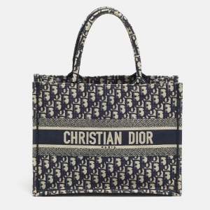 مملوكة مسبقًا Dior Oblique Embroidered Book Medium Navy Blue Canvas Tote