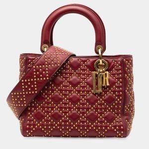 Pre Owned Dior Red Medium Lambskin Cannage Studded Supple Lady Dior