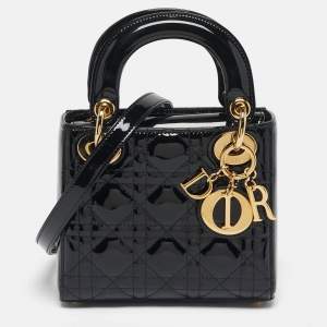 Pre Owned Dior Lady Dior Mini Black Cannage Patent Leather Tote