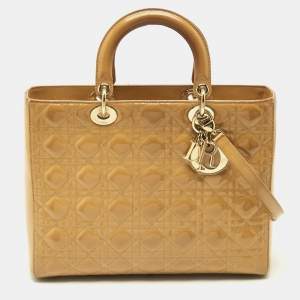 Pre Owned Dior Lady Dior Large Cream Cannage Patent Leather Tote