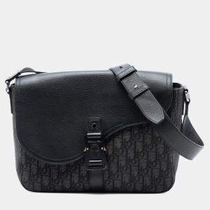 Pre Owned Dior Black Medium Oblique Canvas and Grained Calfskin Saddle Messenger Bag with Flap