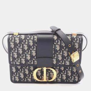 Pre Owned Christian Dior Dior 30 Montaigne Oblique Jacquard Shoulder Bag Canvas And Leather Navy Beige