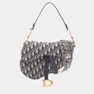 Pre Owned Christian Dior Dior Saddlebag Oblique Jacquard Handbag Canvas And Leather Beige Navy Black