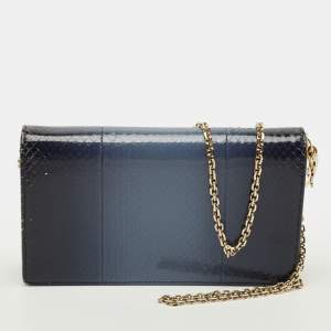 Pre Owned حقيبة كلاتش برباط جلد ثعبان لون أزرق داكن للسيدة ديور مع سلسلة