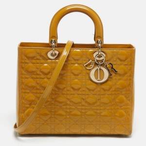 Pre Owned Dior Lady Dior Large Yellow Cannage Patent Leather Tote