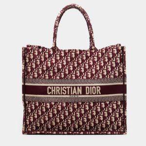 Pre Owned Dior Red Large Oblique Embroidered Canvas Book Tote