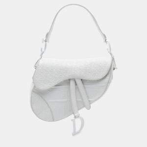 Pre Owned Dior White Oblique Embossed Calfskin Saddle Bag