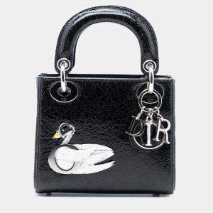 Pre Owned Dior Black Mini Deerskin Ceramic Effect Jeweled Swan Lady Dior