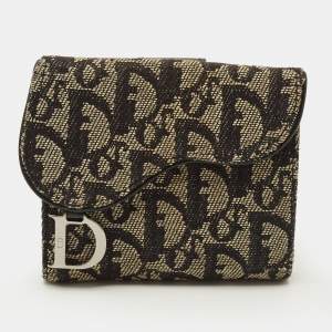 Pre Owned Dior Saddle Black Oblique Canvas and Leather French Wallet