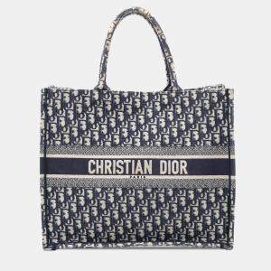 Pre Owned Dior Blue Large Oblique Embroidered Canvas Book Tote