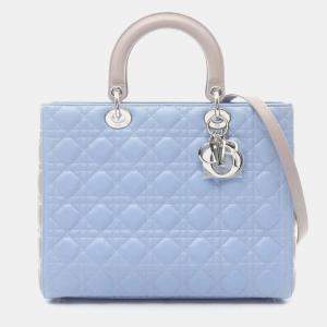 Pre Owned Christian Dior Dior Lady Large Cannage Handbag Leather Blue And Gray