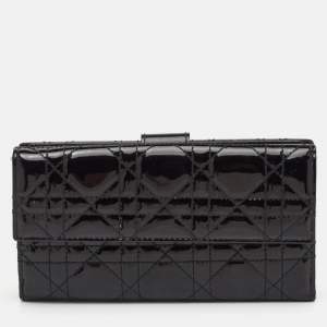 Pre Owned Dior Lady Dior Black Cannage Patent Leather Long Continental Wallet