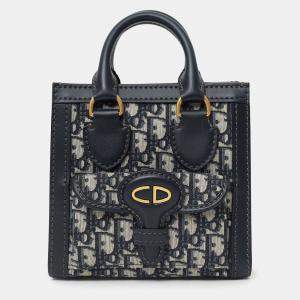Pre Owned Christian Dior Navy Canvas/Leather Oblique Mini Tote Bag With Strap