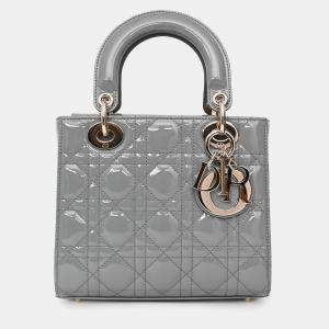 Pre Owned Christian Dior 2021 Grey Patent Leather Small Lady Dior Top Handle With Strap