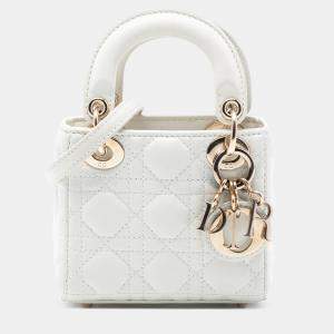 مملوكة مسبقًا Dior White Micro Lambskin Cannage Lady Dior