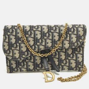 مملوكة مسبقًا حقيبة ديور ساتل قماش أوبليك أزرق داكن وجلد سلسلة المحافظ