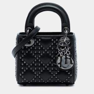 Pre Owned Dior Black Micro Lambskin Cannage Studded Supple Lady Dior