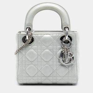 Pre Owned Dior Silver Mini Iridescent Lambskin Cannage Lady Dior
