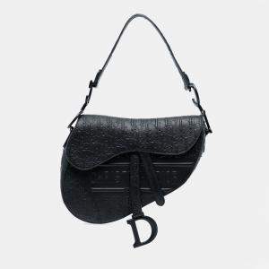 Pre Owned Dior Black Oblique Embossed Calfskin Saddle Bag