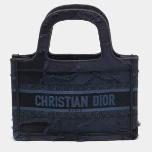 Pre Owned Dior Book Mini Navy Blue Embroidered Logo Canvas Tote
