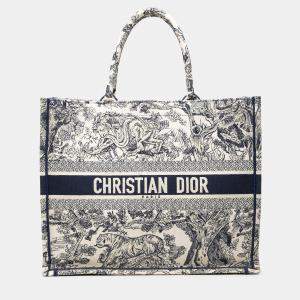 Pre Owned Dior Blue Large Canvas Embroidered Dioriviera Toile De Jouy Book Tote