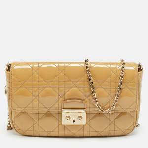 Pre Owned Dior Miss Dior Promenade Beige Cannage Patent Leather Chain Clutch