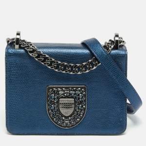 Pre Owned Dior Diorama Club Metallic Blue Lizard Shoulder Bag