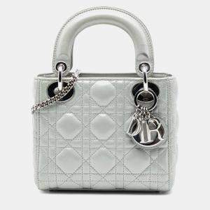 Pre Owned Dior Silver Mini Iridescent Lambskin Cannage Lady Dior